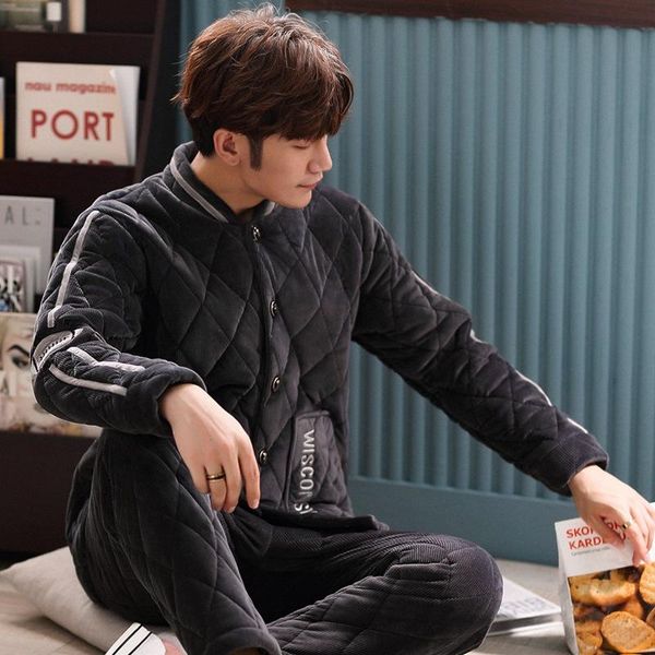 

mimi men's winter plush thickened three layer cotton padded jacket flannel men's home wear coral wool warm autumn and winter, Black;brown