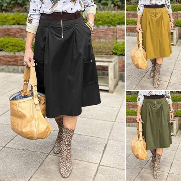 

women's skirts celmia high waist office a line skirt autumn fashion casual cargo streetwear midi skirt female solid bottom1, Black