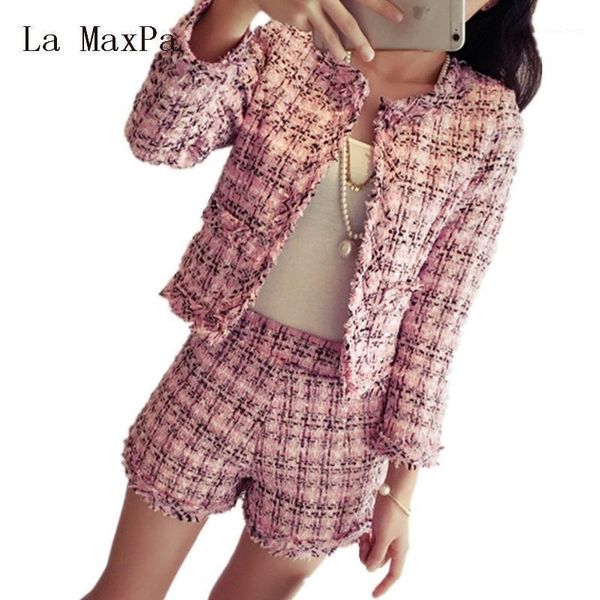 

2018 autumn winter tweed 2 piece set women slim plaid short set spring fashion fringed trim jacket coat + tassels short suit1, Gray