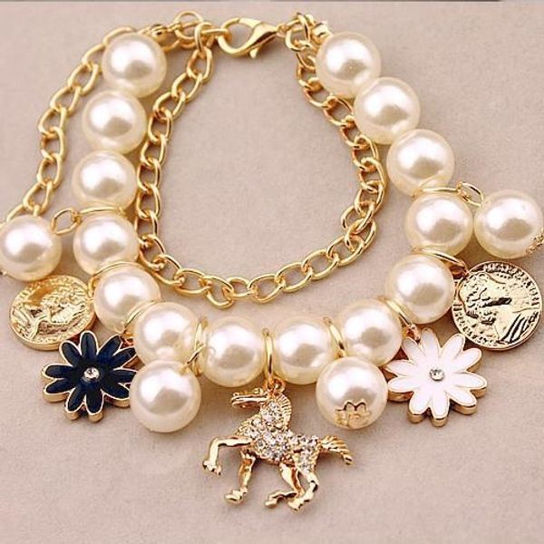 

new style diamond inlaid pony pearl daisy flower pendant korea petals multi-layer bracelet e031 pendant pearlbracelet pearl j2d0h, Golden;silver