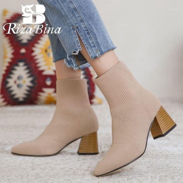 

boots rizabina women ankle for pointed toe thick heel sock autumn shoes ladies footwear size 34-391, Black