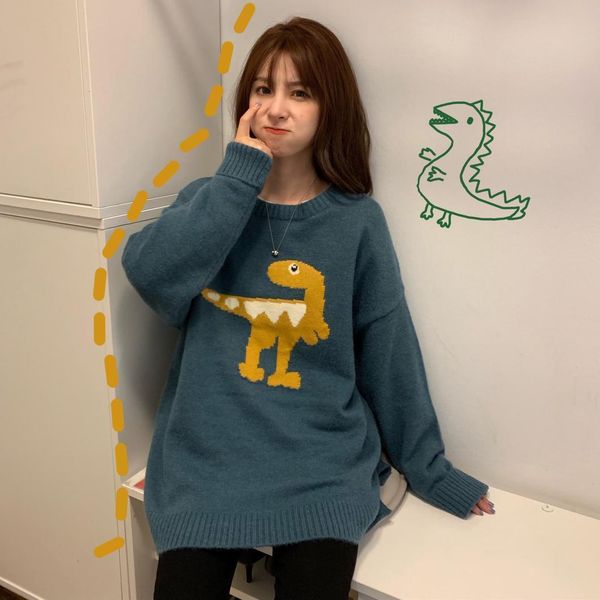 

funny dinosaur sweater women harajuku vintage o neck winter pullover long sleeve loose knitted oversize outwear warm cute v878, White;black