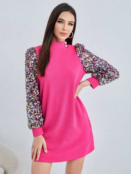 

sequin insert mock neck bishop sleeve dress j5nh#, Black;gray