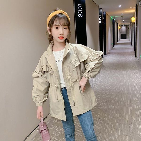 

coat children's slim waist trench autumn toddler girl pure color cardigan ruffles windbreaker mandarin collar casual kids jacket1, Blue;gray