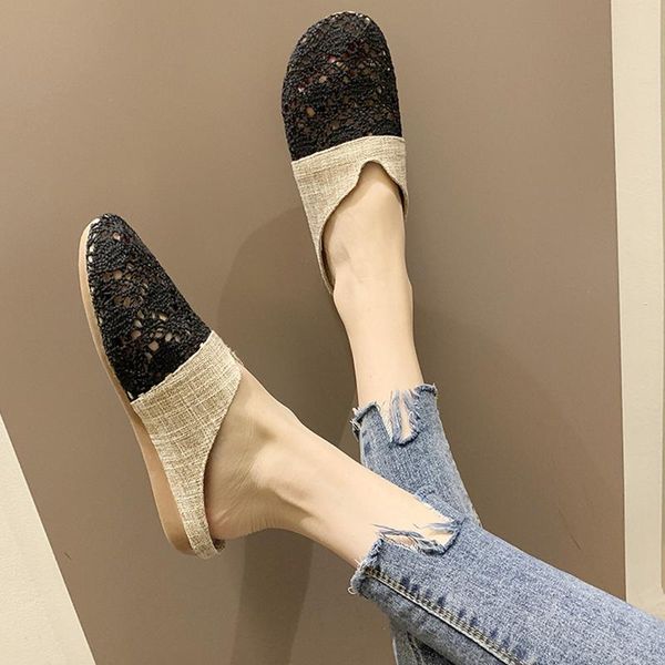 

summer women's slippers flat slippers retro patchwork sandals for female casual outside 2021 new, Black