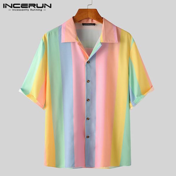 

men's casual shirts incerun 2021 men shirt colorful striped short sleeve lapel button blouse summer fashion streetwear hawaiian s-5xl, White;black