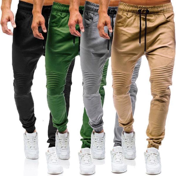 

fashion sweatpants trousers joggers tracksuit large size men's solid color pleated lace belt harlan casual pants streetwear men1, Black