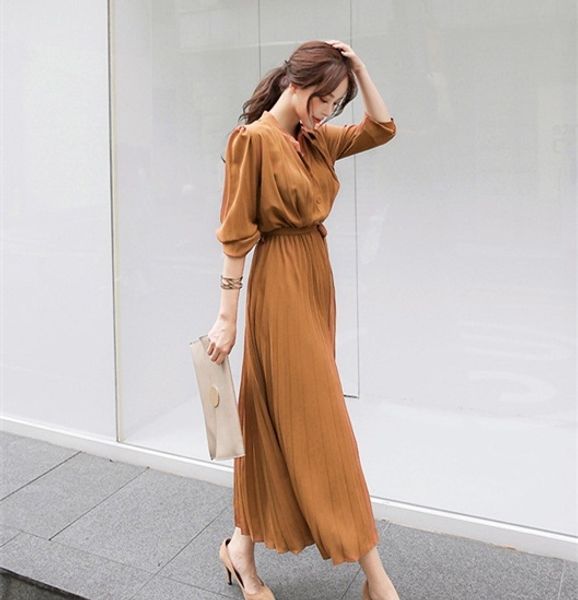 

шифон с длинным рукавом плиссированные платье платье весной 2019 новый стиль тонкая талия и корейский стиль плиссированные юбки rmbfs, Black;gray