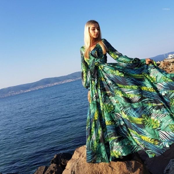 

women's floral print boho maxi dress women bohemian long dress summer women beach dresses female long sleeve v neck dresses1, Black;gray