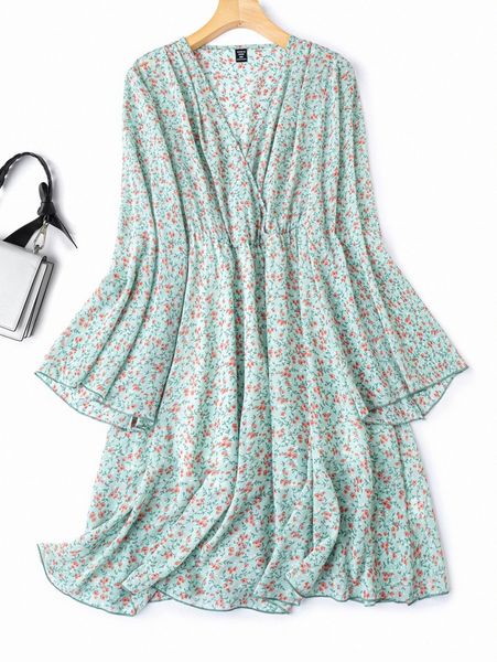 

plus ditsy floral trumpet sleeve chiffon dress o7hk#, Black