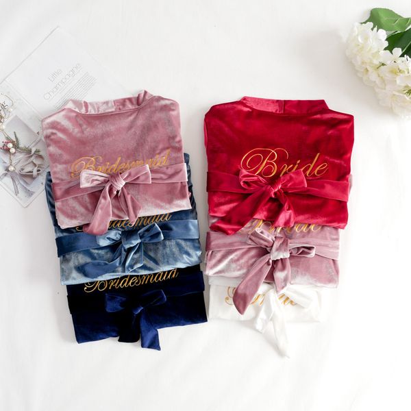 

women kimono gown velour bride embroidery letter bridesmaid wedding robe bathrobe sleepwear autumn winter new velvet nightgown, Black;red
