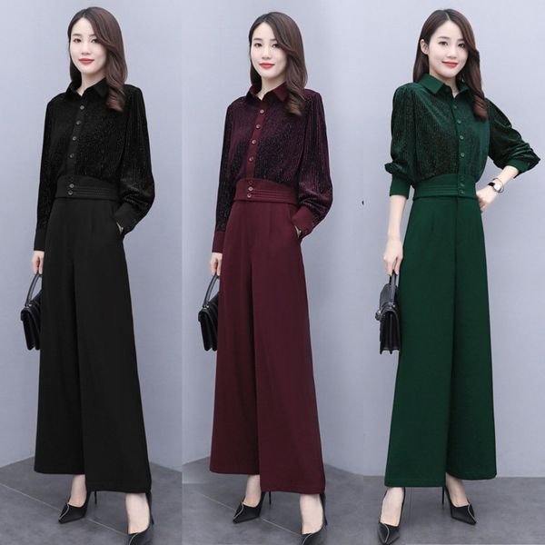 

jislr elegant royal sister wide-leg women's 2020 autumn pants suit wide leg pants two-piece slimming western style new gold velvet suit, Gray