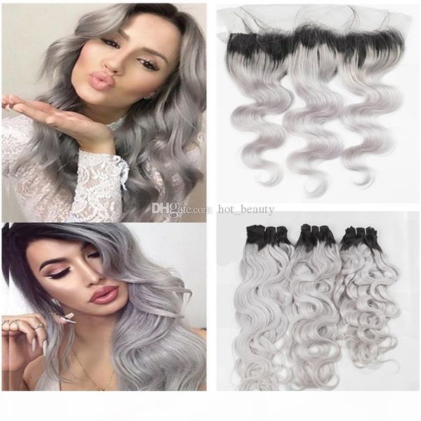 

dark root ombre 1b grey brazilian hair 3bundles with lace frontal 13x4 silver grey ombre body wave virgin hair 2 tone hair wefts, Black