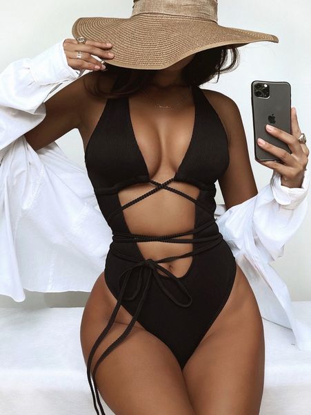 

ribbed cut out front one piece swimsuit e6b2#, White;black