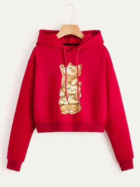 

cat print drop shoulder drawstring thermal hoodie 93uh#, White;black