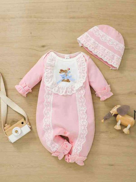 

baby rabbit embroidered contrast lace ruffle trim jumpsuit & hat she, Blue