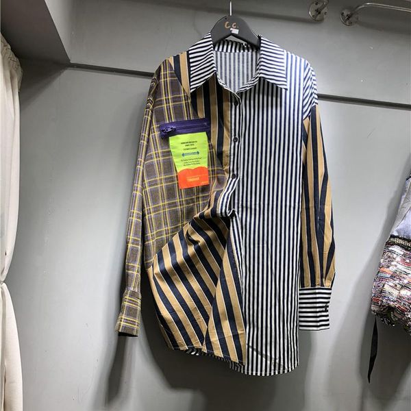 

[ewq] 2021 spirng autumn new long-sleeved print striped plus size long-sleeved contrast stitching shirt blue shirt 16w10811, White