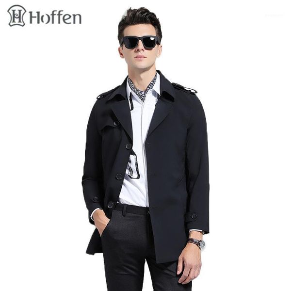 

hoffen 2020 spring fashion classic trench coat men turn down collar single breasted slim fit mens overcoat solid trenchcoat ws621, Tan;black