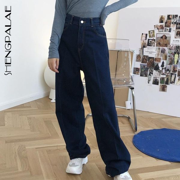 

shengpalae autumn 2020 new women's vintage jeans high waist wide leg loose straight navy blue cowboy pants denim trousers 5a117