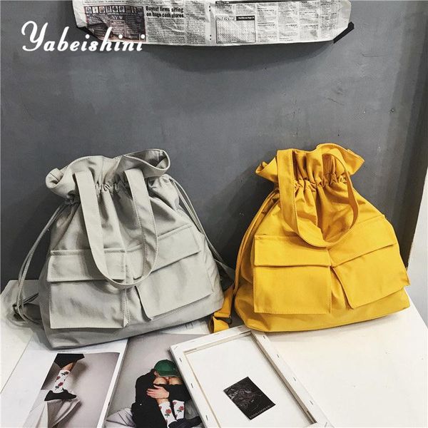 

drawstring canvas tote bag high capacity leisure fashion bucket shoulder bags travel bags women canvas handbag shopping bag