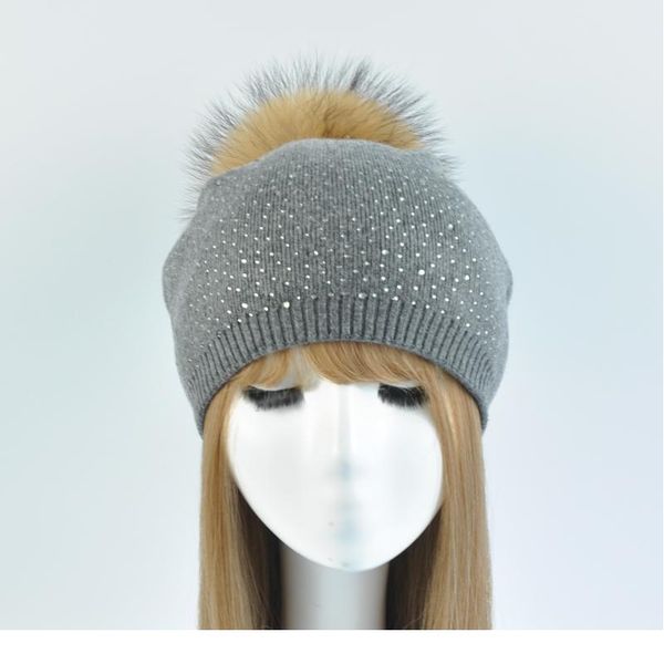 

women autumn rhinestone hats natural raccoon fur beanies winter warm caps fashion real fur pom pom ha qylmbh