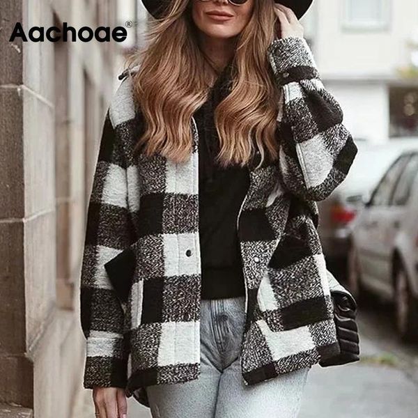 

aachoae women woolen plaid coat turn down collar thick warm jacket female long sleeve casual pocket coat outerwear femme veste, Black