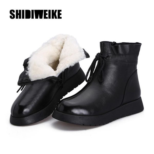 

boots waterproof women snow 100% genuine leather wool platform ankle for winter fur warm flat shoes v110, Black