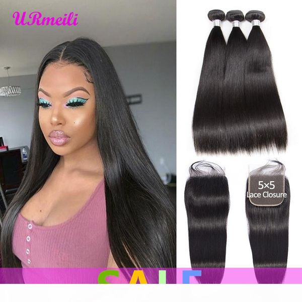 

9a 5x5 closure with bundles virgin human hair weave with closure malaysian straight hair 3 or 4 bundles with closure ing, Black;brown
