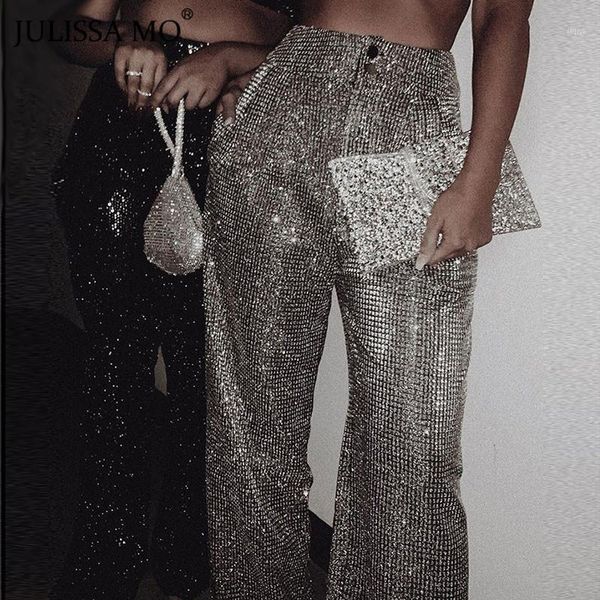 

julissa mo silver sparkly night party pants women winter high waist wide legs long pant female streetwear buttons trousers1, Black;white