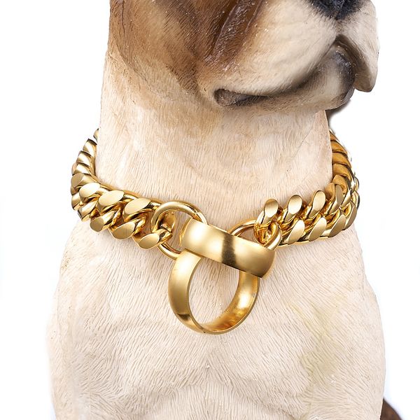 

luxury 14mm new stainless steel training p chain dog leash 18k gold polished cuban link chain pet dog collar necklace fashion design, Golden;silver