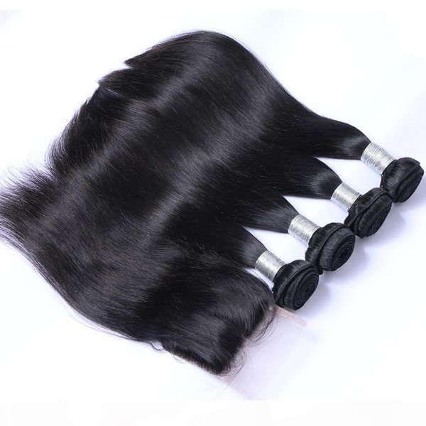 

8a brazilian virgin human hair weave 4 bundles with lace closure malaysian peruvian indian cambodian mongolian straight remy hair extensions, Black