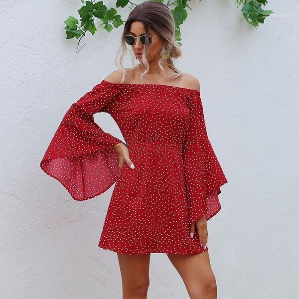 

off shoulder women dress elegant dot print flare long sleeve mini dress dresses s1, Black;gray