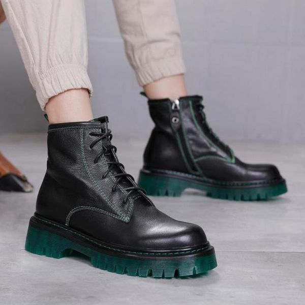 

yourseason ankle ladies lace up genuine leather non-slip shoes new 2021 round toe women zipper retro casual boots platform, Black