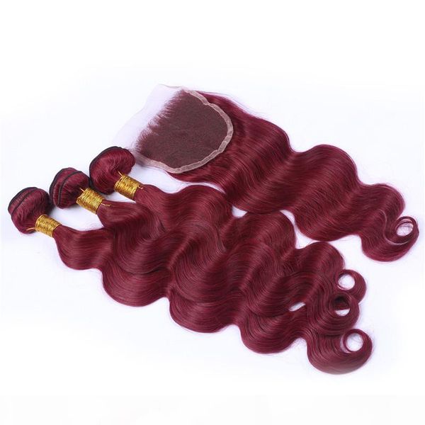 

burgundy red peruvian virgin human hair 3bundles with 4x4 lace closure 4pcs lot body wave#99j wine red human hair weaves with lace closure, Black