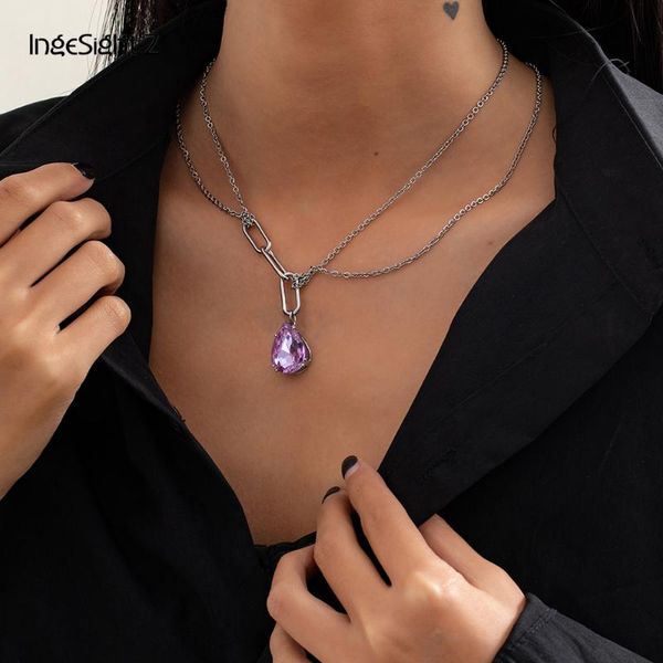 

chains ingesight.z korean multi layered stainless steel choker necklace purple color rhinestone water drop pendant necklaces jewelry, Silver