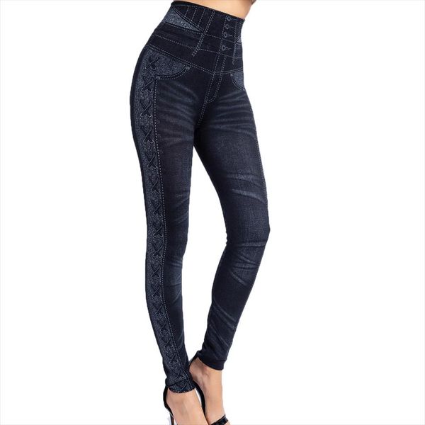 

2020 imitation denim womens leggings high waist cross border pop up side print hip lifting pants workout leggings, Black