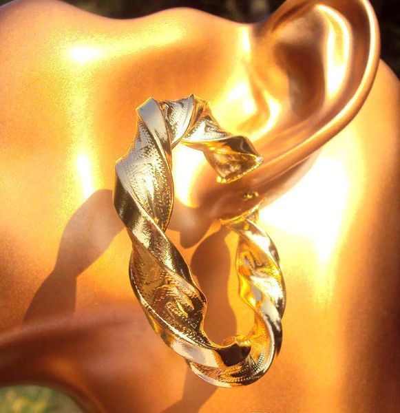 

18k yellow gold large curved wide hoop earrings hip-hop heavy big gift 100% real gold, no jlllkn dh_garden, Golden;silver