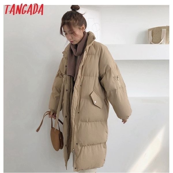 Tangada Donna Solid Khaki Oversize Parka Zipper Inverno Donna Caldo Cappotto spesso allentato AXD1 201027