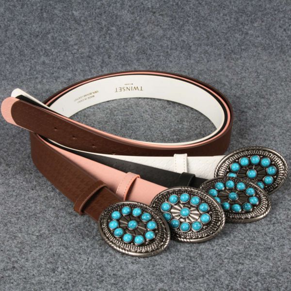 

italian twinset women's with beaded embossed leather belt in 4 colors, Black;brown