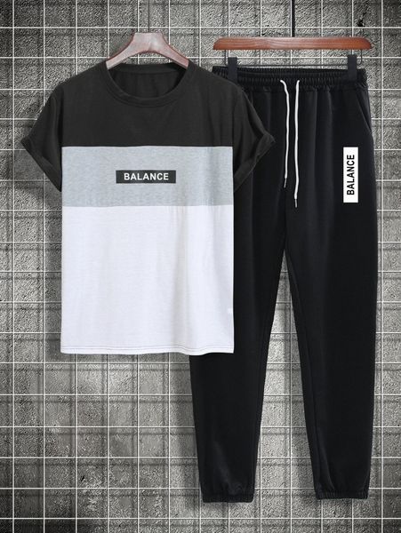 

men letter graphic colorblock tee & drawstring waist sweatpants l8dr#, Gray