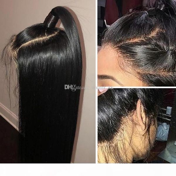 

silky straight lace front human hair wigs brazilian virgin hair pre plucked part wig with baby hair, Black;brown