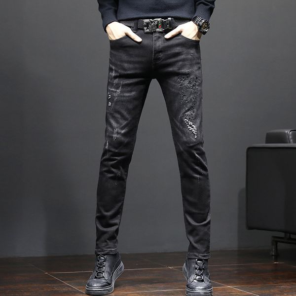 

2020 embroidery fashion black high stretch slim jeans men's pants, Blue