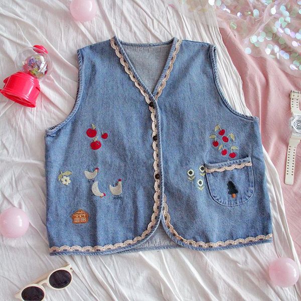

women denim vest jacket japanese style mori girl cute cartoon embroidery vintage loose v-neck sleeveless casual waistcoat, Black;white