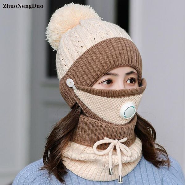 

winter hat&scarf&mask set for women warm beanies breathe scarf pompoms knitted caps and scarf mask 3 pieces/set 201020, Blue;gray