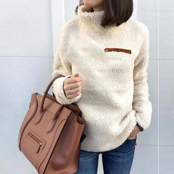 

faux fur jacket fleece turtleneck jackets 2019 winter jacket casual women solid pullover coat pullover women coat cashmere, Black