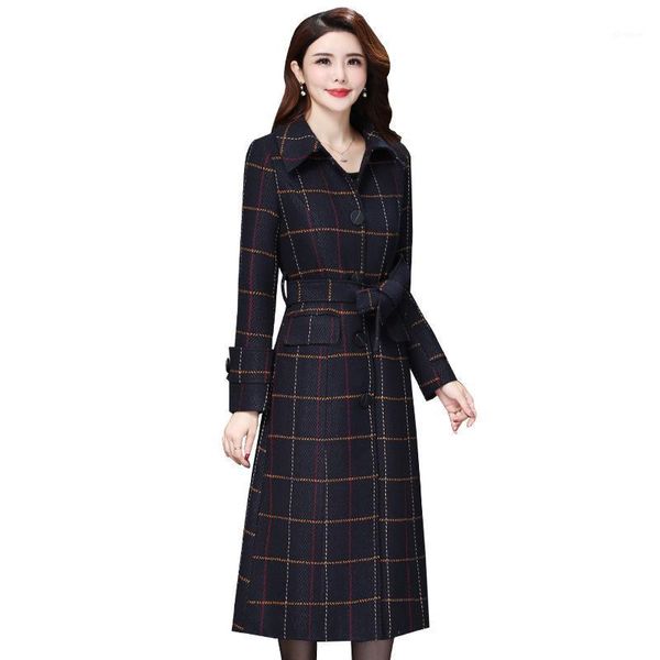 

elegant plaid woolen coat women pockets autumn winter female blend coats female belt long overcoats1, Black