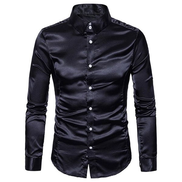 

silk shirt men satin smooth men solid tuxedo business shirt casual slim fit shiny gold wedding dress shirts chemise, White;black
