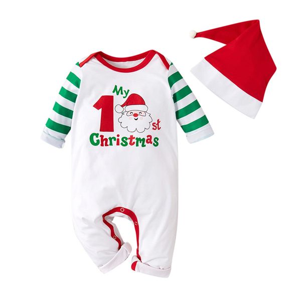 Xmas Newborn Romper 0-18M Ragazzi Ragazze Cartoon Santa Stripe Stampa Inverno Manica lunga Tuta Natale Vestiti per bambini + Cappello Set A20 201027