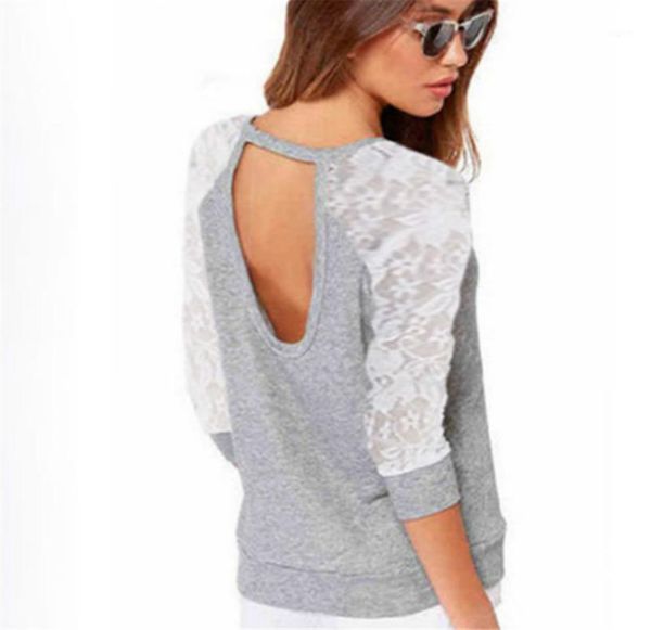 Hoodies das mulheres moletons por atacado - Mulheres Hoody Summer Spring Lace Patchwork Backless Pullovers Tops Casual Fino S-XXL1