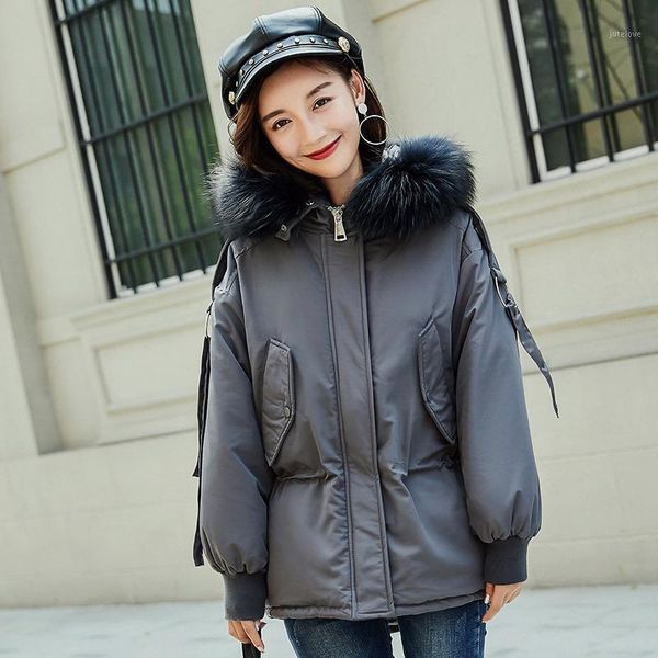 

korean women winter fashion slim down coats hooded raccoon fur collar warm white duck down jackets1, Black